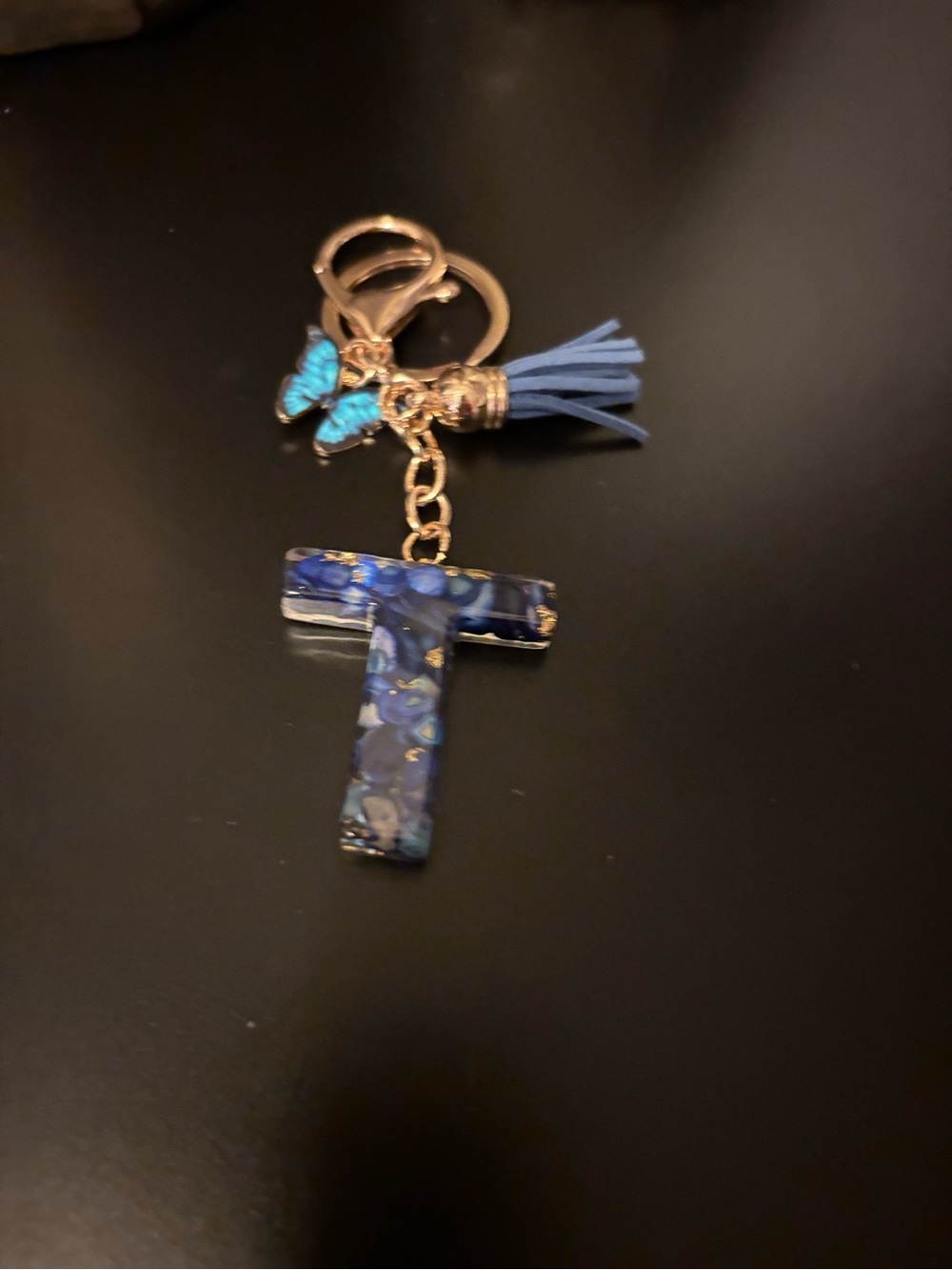 Handmade Blue & Gold Resin Initial "T” Keychain with Tassel & Butterfly Charm🦋